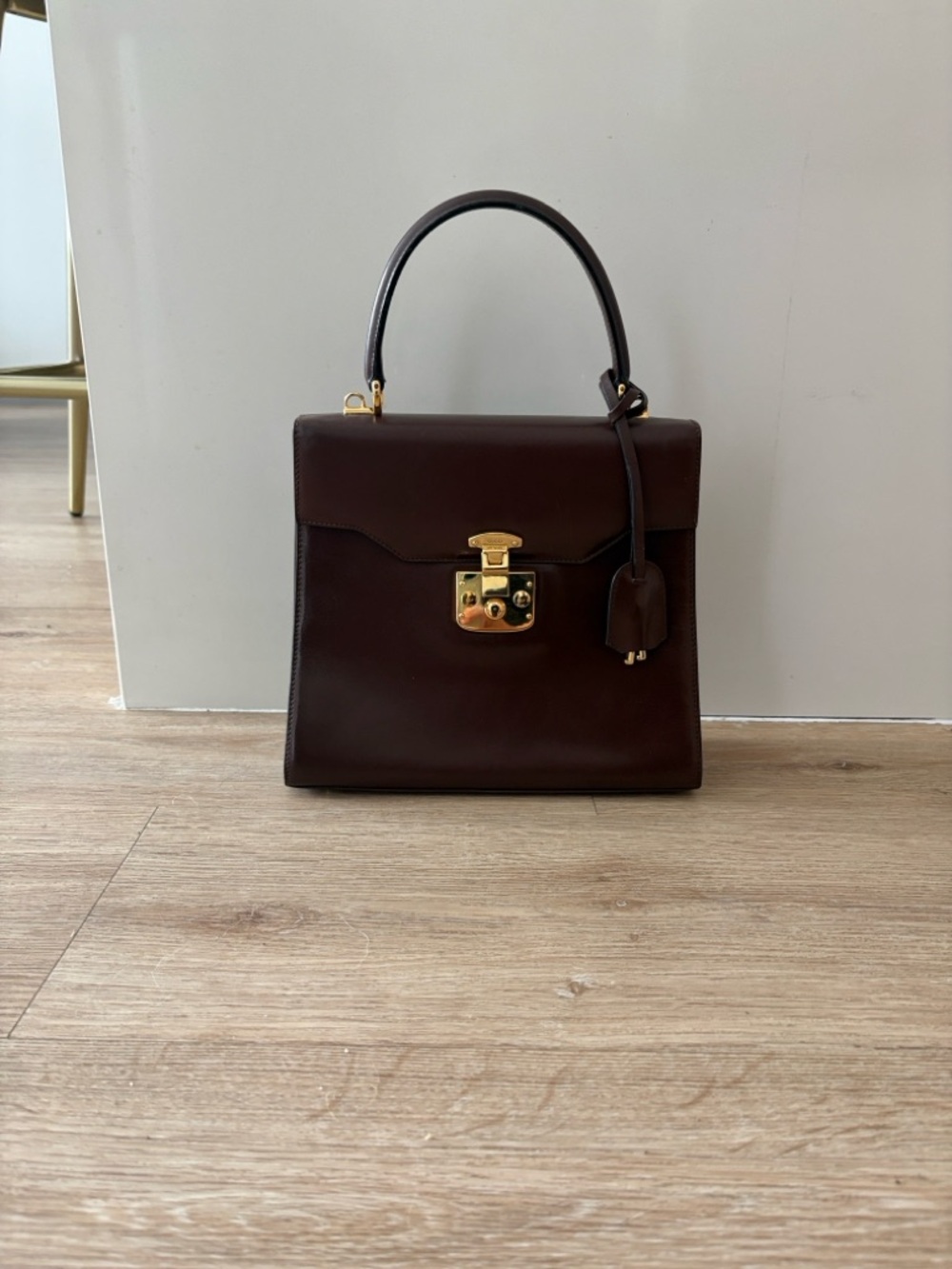 Vintage Gucci Structured Top-Handle Leather Bag in Dark Brown